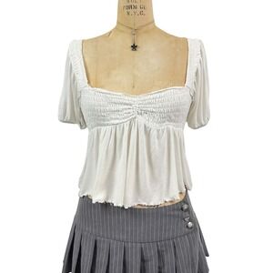 Prairie White Smocked Milkmaid Top Ruched Bust Romantic Puff Sleeve Timeless M S